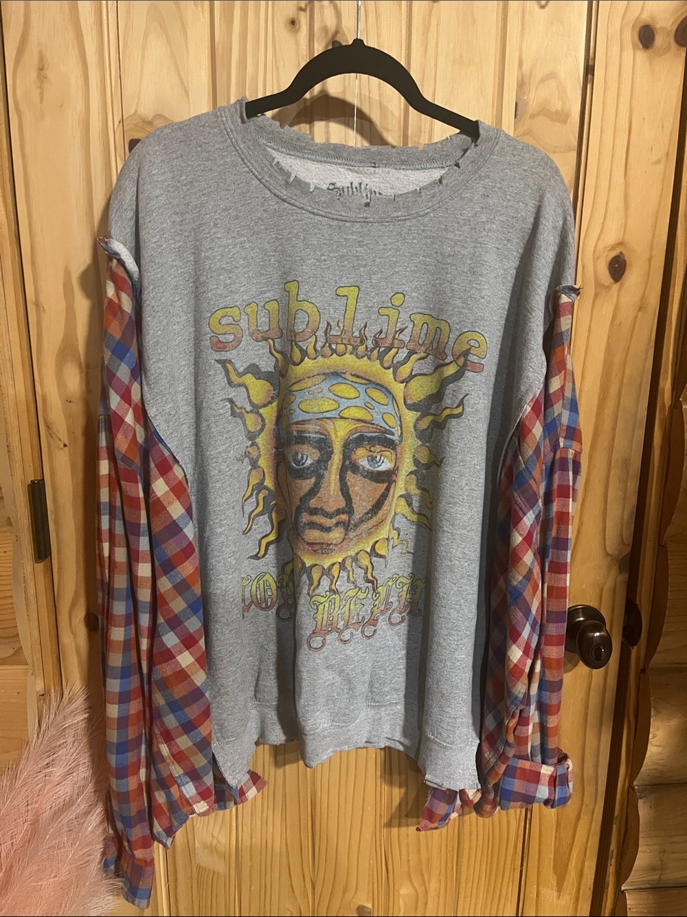 Sublime Upcycled Gray Graphic Pullover Sweatshirt with Plaid Sleeves